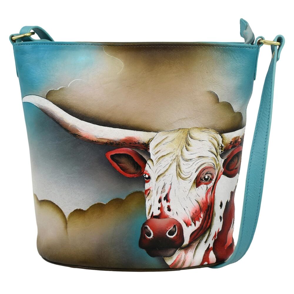 9878 Original Hand-Painted Leather Bucket Tote Bag - Texas Longhorn